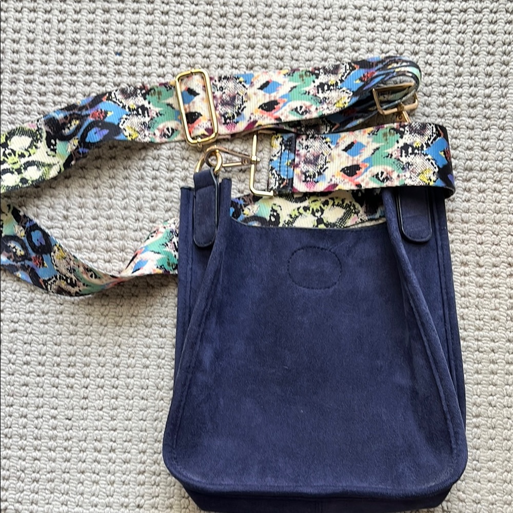 Blue Suede Women's Bag with Patterned Strap